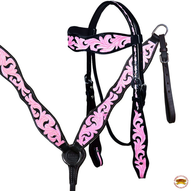 Horse Show Bridle Western Leather Headstall Tack Pink 7619H